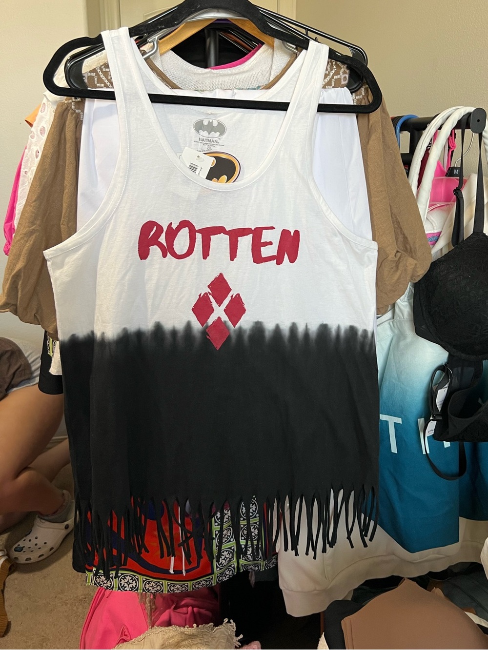 Batman White, Black & Red 'ROTTEN' Fringe Tank Top